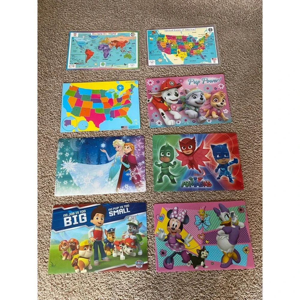 Lot of 8 Kids Educational & Character Placemats Tot Talk USA World Map Disney